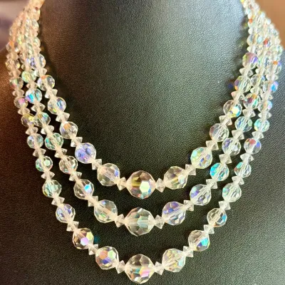 
Vintage Triple Strand Aurora Borealis Faceted Bead 15 Inch Necklace