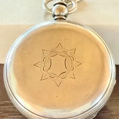 Antique Coin Silver AM Watch Co Case With Elgin Pocket Watch Has Key