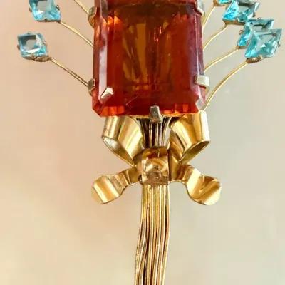 Stunning Fred Block Sterling Silver Brooch Large Orange Faceted Stone And Blue Stone Spray - Weight 46.22 Gram