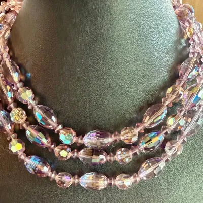 
Stunning Purple Aurora Borealis Faceted Crystal Bead Triple Strand 14 Inch Necklace