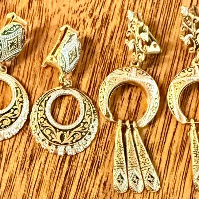 
(3) Pairs Of Vintage Damascene Gold Tone & Black Earrings