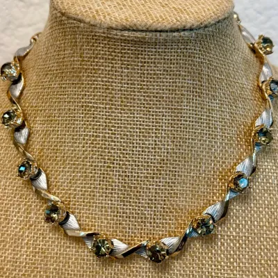 Vintage Mid Century Brushed Metal & Blue Green Rhinestone Collar Necklace