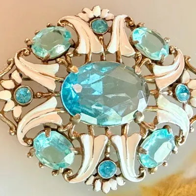 Vintage Blue Rhinestone And White Enamel Brooch