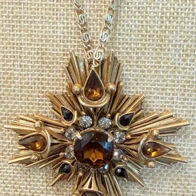 
Vintage Florenza Maltese Cross & Amber Stone Pendant With 50 Inch Germany Gold Tone Necklace