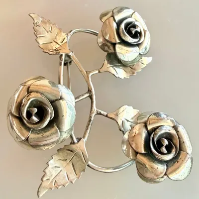 Lang Sterling Silver Rose Brooch Pin - Weight - 14.46 Grams