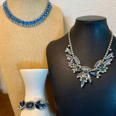 Gorgeous Vintage Blue And Clear Rhinestone Necklaces & Bracelet (as Is)