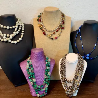 
Collection Of 50's Japan Blue Glass Bead & Multi Strand Plastic Bead Multi Strand Necklaces