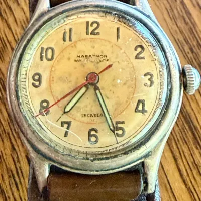 1940's Military Mechanical Wrist Watch Marathon Water Proof Incabloc Runs - Leather Tooled Band