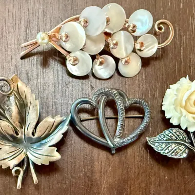 Antique Pins - Sterling & Marcasite Flower - Sterling Heart - Taxco Leaf Pin - Mother Of Pearl Pin