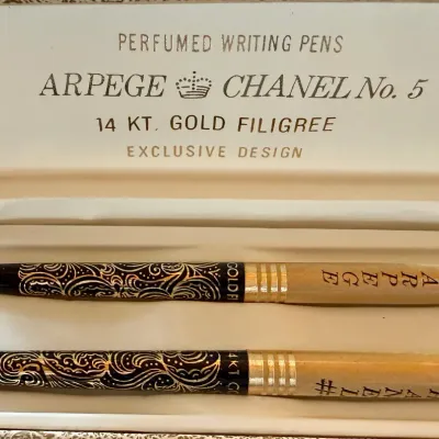 Vintage Set Of Arpege & Chanel Number 5 Perfumed 14k Gold Filled Writing Pen Set In Original Box
