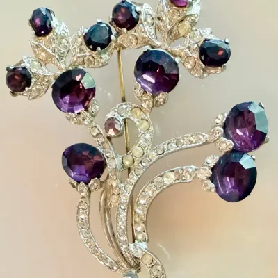Antique Purple Faceted Glass Brooch With Paste Stones