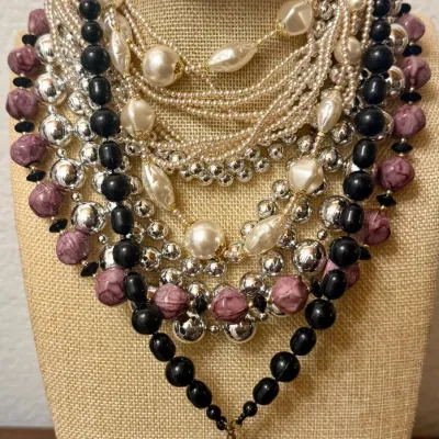 
Vintage Japan Multi Strand Necklaces Silver Tone - Purple Mottled Plastic - Faux Pearl All W Matching Earrings