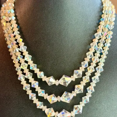 
Lovely Vintage Triple Strand Aurora Borealis Faceted Crystal Bead 15 Inch Necklace