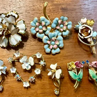 Vintage Enamel & Rhinestone Flower Pins & Earrings - Austria -