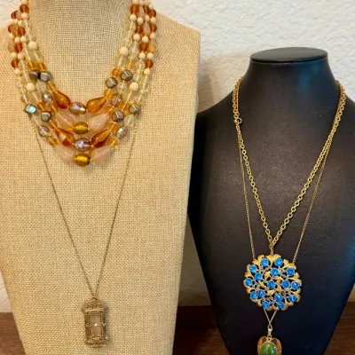 
Vintage Necklaces - Multi Strand Glass Bead - 1928 - Blue Rhinestone Medallion - Green Stone