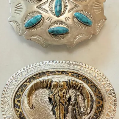 (2) Vintage Belt Buckles Crumrine And Mexico Nickel Silver W Turquoise