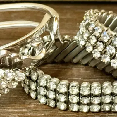 (3) Vintage Clear Rhinestone Bracelets (2) Coro Hinged Bangle Grape Motif (2) Stretch