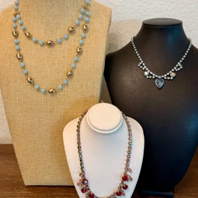 
Blue Opalescent Bead Necklace & (2) Rhinestone Collar Bibb 50's Necklaces Aurora Borealis