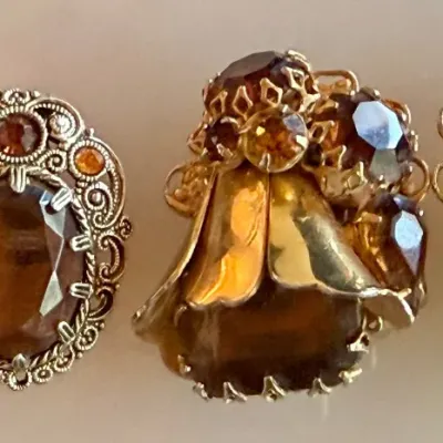
(2) Pairs Of Vintage Faceted Amber Tone Faceted Glass And Gold Tone Earrings