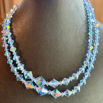 
Blue Aurora Borealis Faceted Crystal Double Strand 16 Inch Necklace