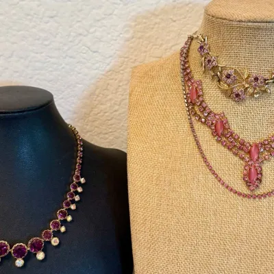 (4) Vintage Rhinestone & Satin Glass Collar Necklaces (1) Coro