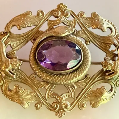 Antique Purple Faceted Victorian Glass & Gold Tone Lion And Snake Brooch