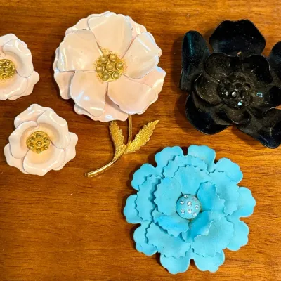 Lovely Vintage Enamel Flower Pins - Pink W Matching Earrings - Powder Blue & Black