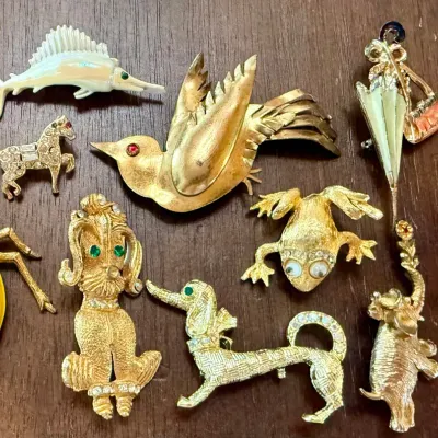 
Vintage Enamel, Metal & Rhinestone Animal & Bug Pins Swiss