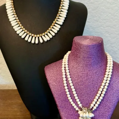 (2) Vintage Milk Glass Bead Statement Necklaces W Rhinestones