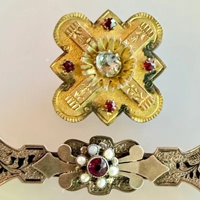 (2) Antique Gold Filled Pins Maltese Cross & Bar Pin With Seed Pears And Red Stone