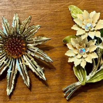 Coro Yellow Enamel & Rhinestone Flower Brooch - Sarah Coventry Sun Flower Brooch
