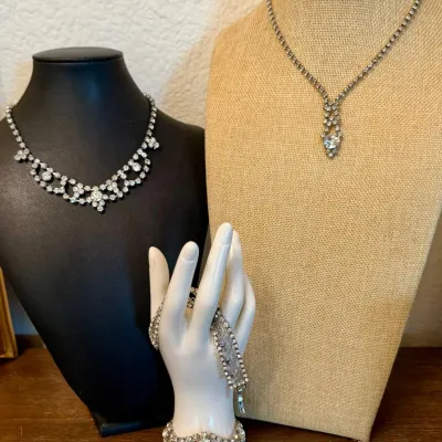 
(2) Vintage Mid Century Clear Rhinestone Necklaces & (2) Clear Rhinestone 7 Inch Bracelets