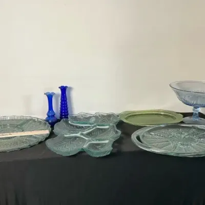Blue And Green Toned Serving Platters And Vases