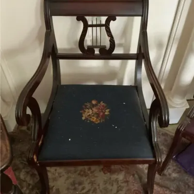 Vintage Mahogany Lay Back Armchair With Needlepoint Seat In Navy
