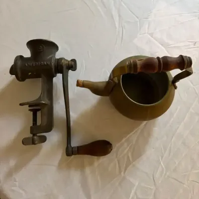 Copper Kettle And Hand Crank Meat Grinder 