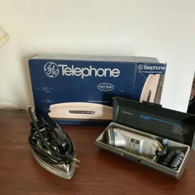 Vintage Household Appliances - Shaver, Iron, Telephone Unused In Box
