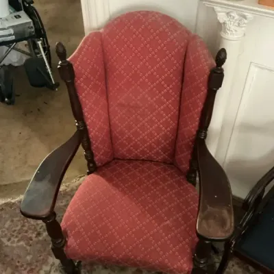 Vintage Upholstered Wood Armchair With Pineapple Finials