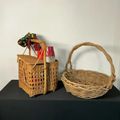 Vintage Picnic Basket And Thermos Sets And Blanket Basket