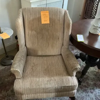 Vintage Upholstered Went Back Armchair With Queen And Legs