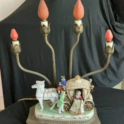 Vintage Porcelain Carriage Candelabra Lamp 