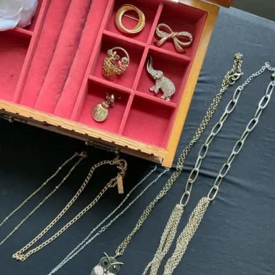 Jewelry Box And Contents - Necklaces, Brooches