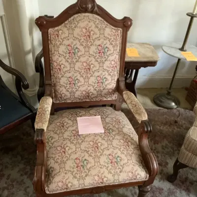 Vintage Carved Wood Armchair With Floral Upholstery