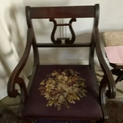 Vintage Mahogany Lyre-Back Armchair With Needlepoint Seat