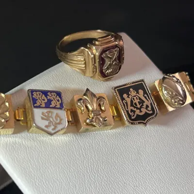 10K Gold Knight's Helmet Signet Ring & Gold-Tone Heraldic Bracelet