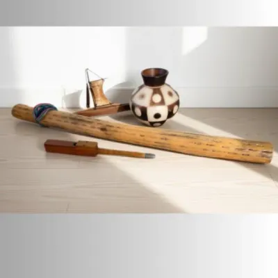 Carved Wood & Spun Pottery - Rain Stick, Signed Pot & More