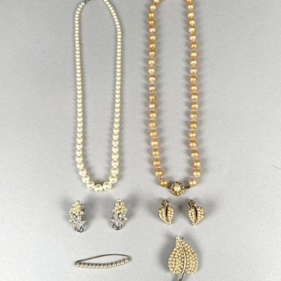 Collection of Vintage Pearl Necklaces, Earrings, and Brooch