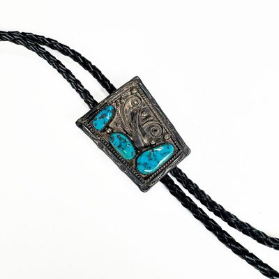 Sterling Silver & Turquoise Signed Bolo Tie