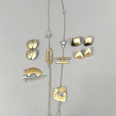 Modernist Sterling Silver and Gold Tone Necklace, Brooch and Earrings Set