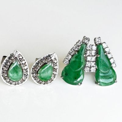 Two Pairs of Jade & Diamond Earrings