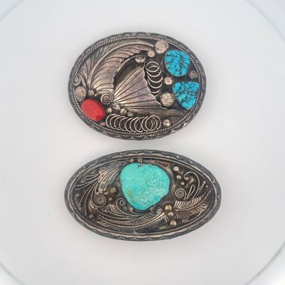 Two Sterling Silver and Turquoise Belt Buckles